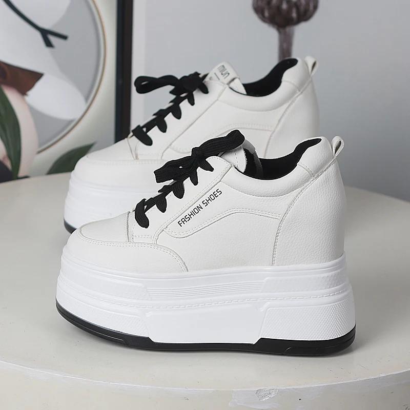 Fashion 12CM Genuine Leather Platform Sneakers Wedge Shoes  Women Breathable Sneakers Autumn Casual Shoes Hidden Heel Zapatillas Mujer