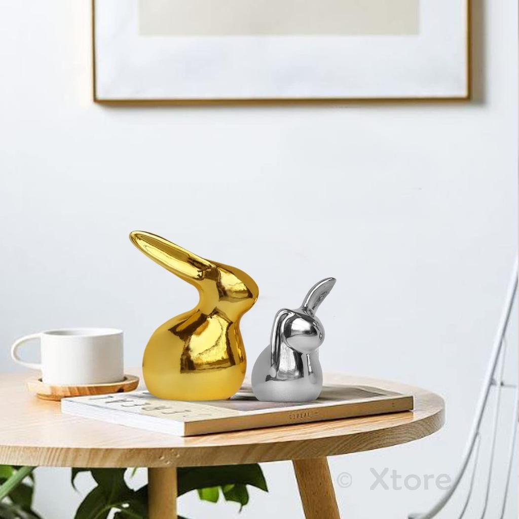 Home Décor Ceramic Cute Golden & Silver Rabbit Figurines (Set of 2, Golden and Silver)