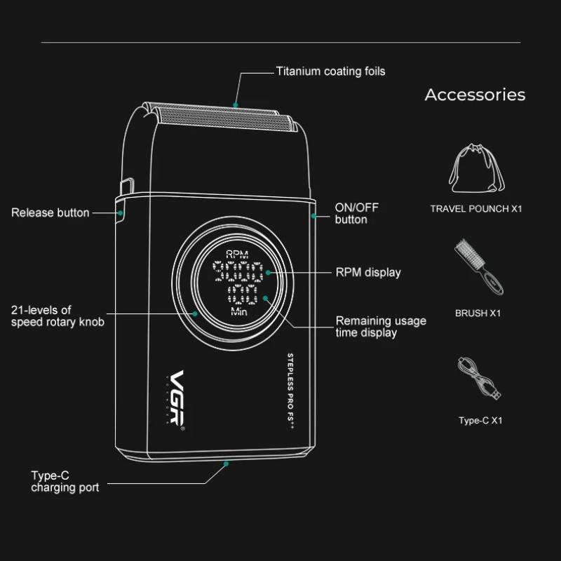 VGR V-377 Mini Hair Trimming Metal Shell Hair Clipper Smart Digital Display Shaver Professional Reciprocating Electric Clipper Safe and Skin-friendly