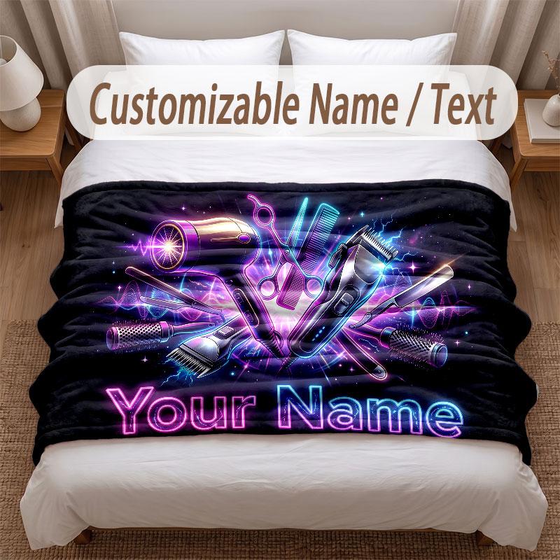 Barber Salon Theme Soft Blanket Personalized Custom Name Text Print Warm Blanket Home Sofa Bedroom Decor