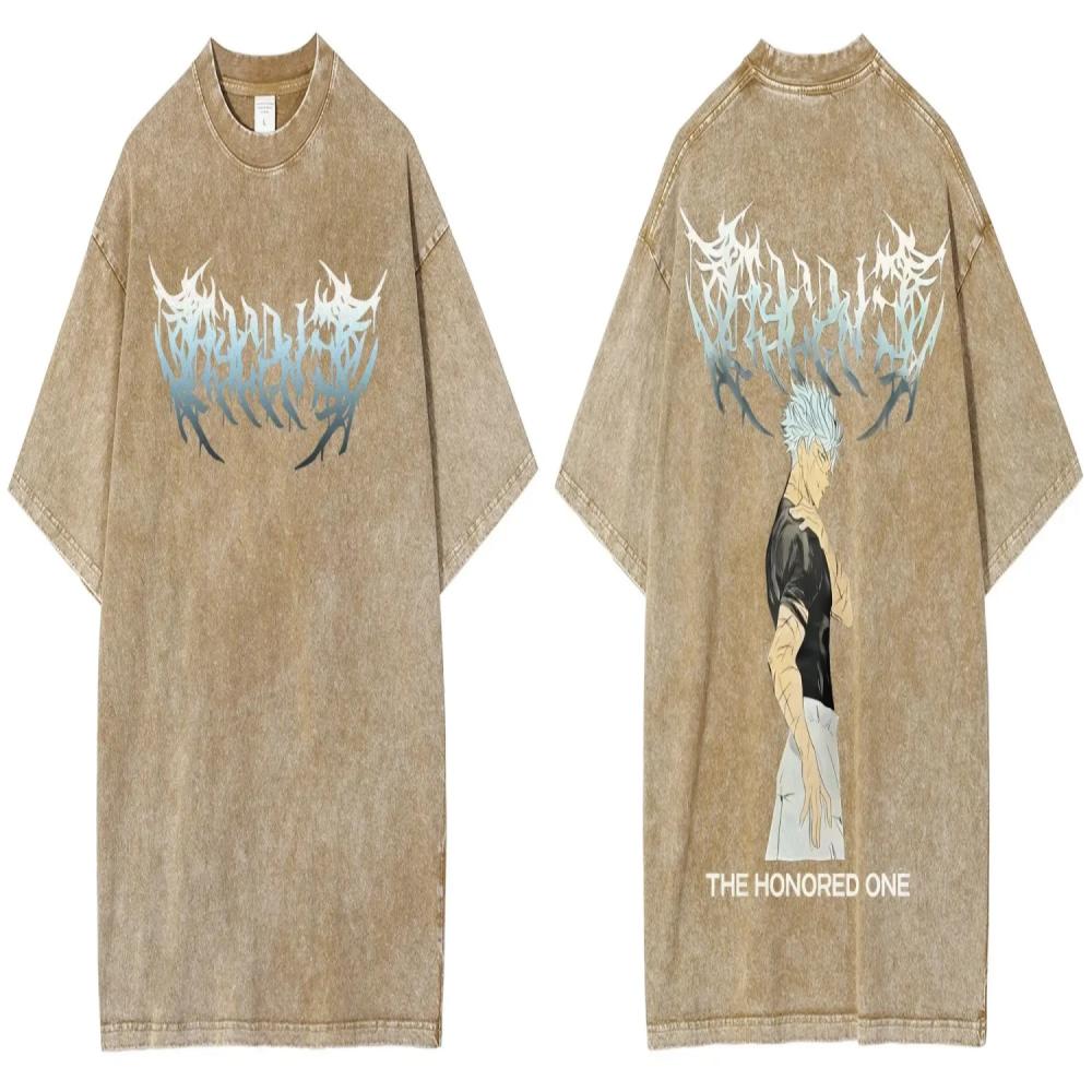 Anime Jujutsu Kaisen Gojo Satoru Graphic T Shirt Men Vintage Washed T-shirts Oversized Cotton Tee Harajuku Male Manga Tshirt
