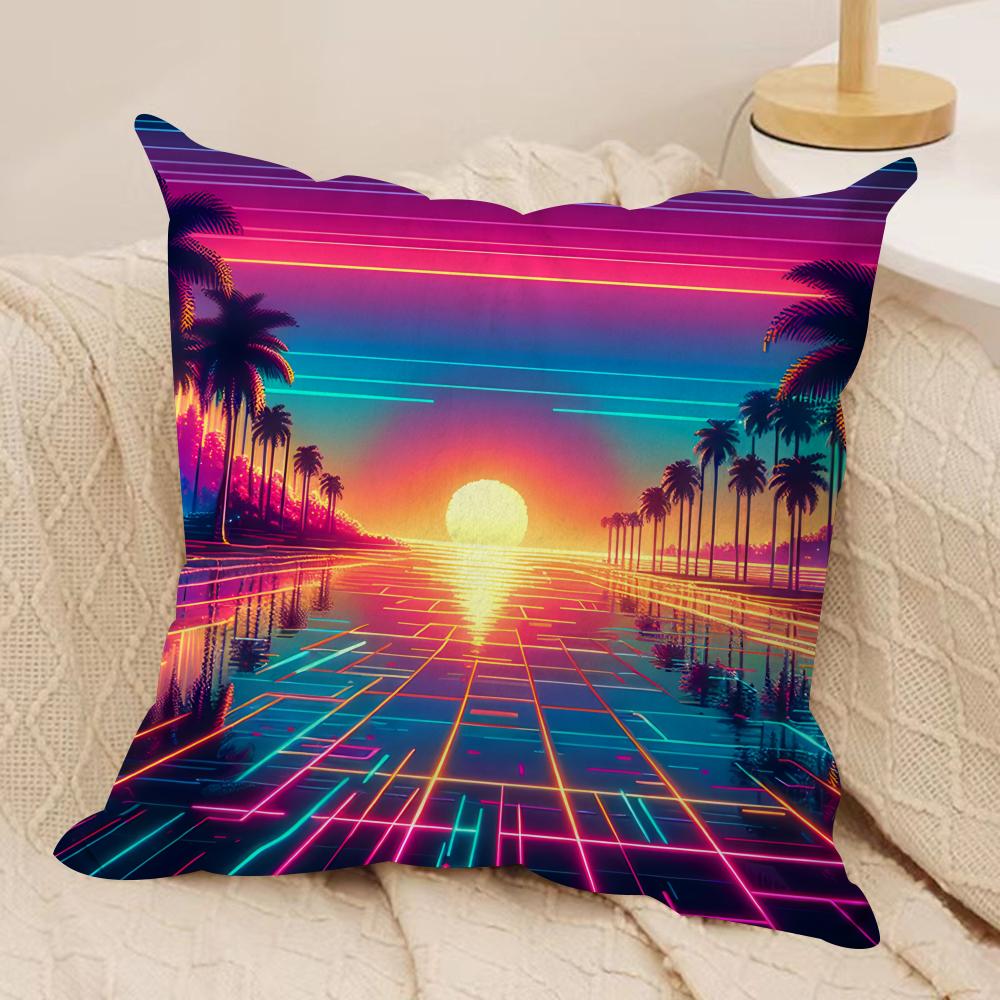 Sunset Palm Tree Fashion Cushion Cover Silky Short Plush Invisible Zipper Dustproof Sofa Pillow Case for Home Decor