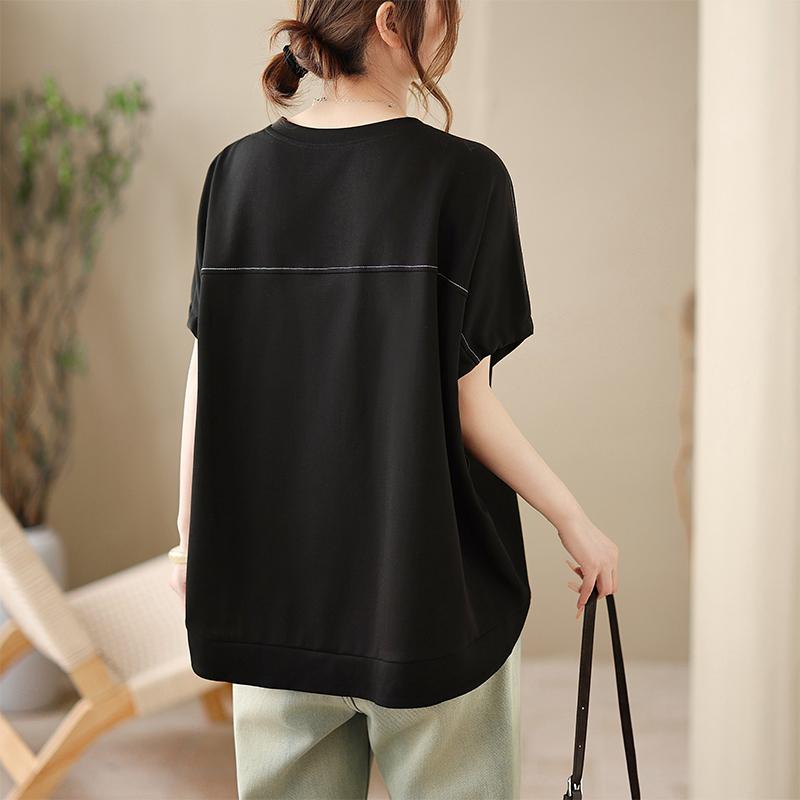 DIMANAF 2026 Plus Size Summer Women T-Shirts Casual Lady Tops Tunic Shirt Oversize Loose Tees Black Cotton