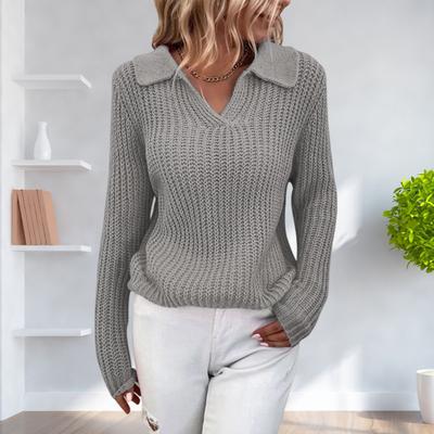 V Neck Turn-Down Collar Long Sleeve Knitted Sweater Autumn Winter Solid Color Slim Sweater Jumper Female Clothing