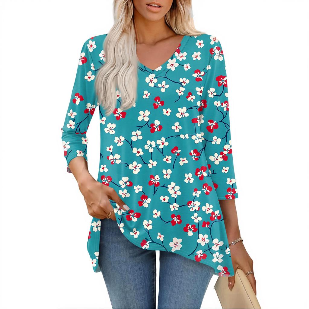 Womens Tops V-neck 3/4 Sleeve Blouses Casual Mid-length Shirts Fashion Print Tunic Tops