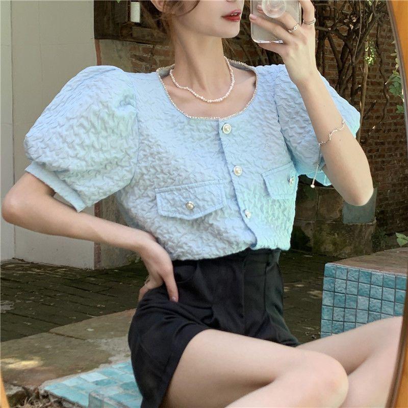 Student Puff Sleeve Shirt Women's Design New Chic Short Top Trendy Clothes