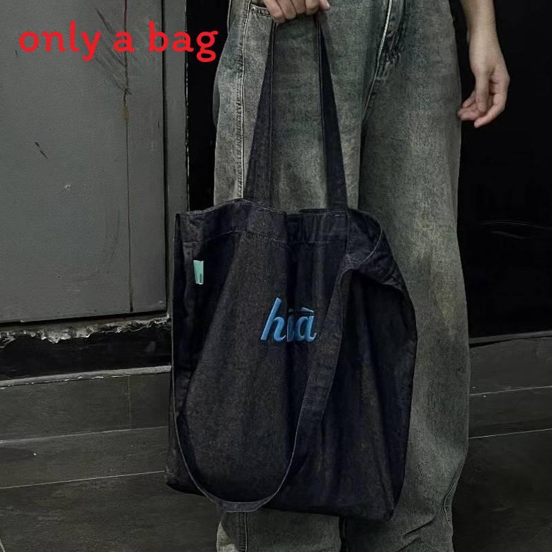 Solid Color Denim Tote Bag With Embroidery For Casual Daily Use