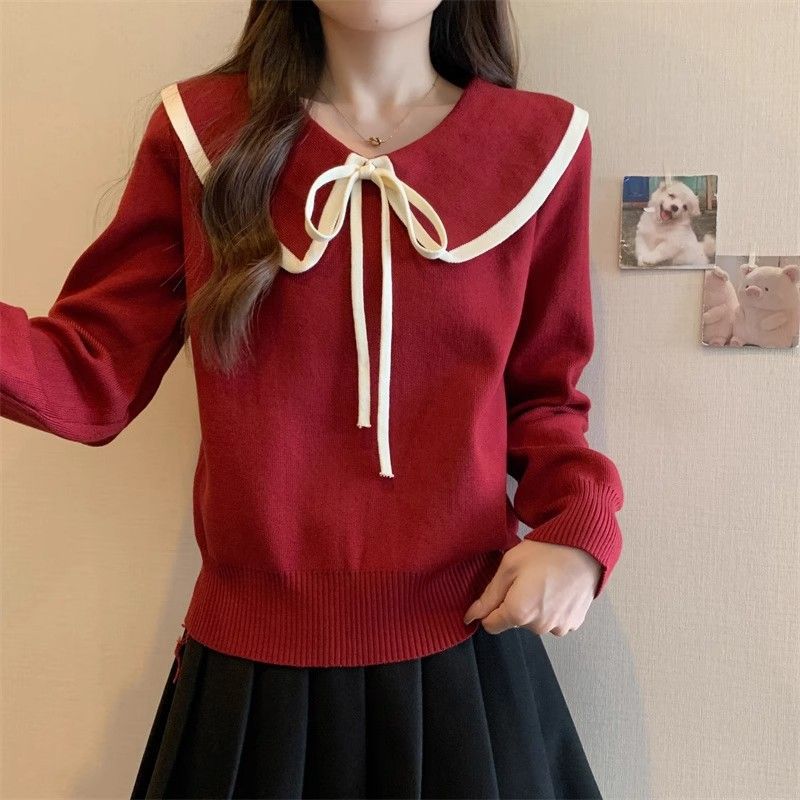 Loose top women's large size new foreign style college style age-reducing sweater doll collar versatile