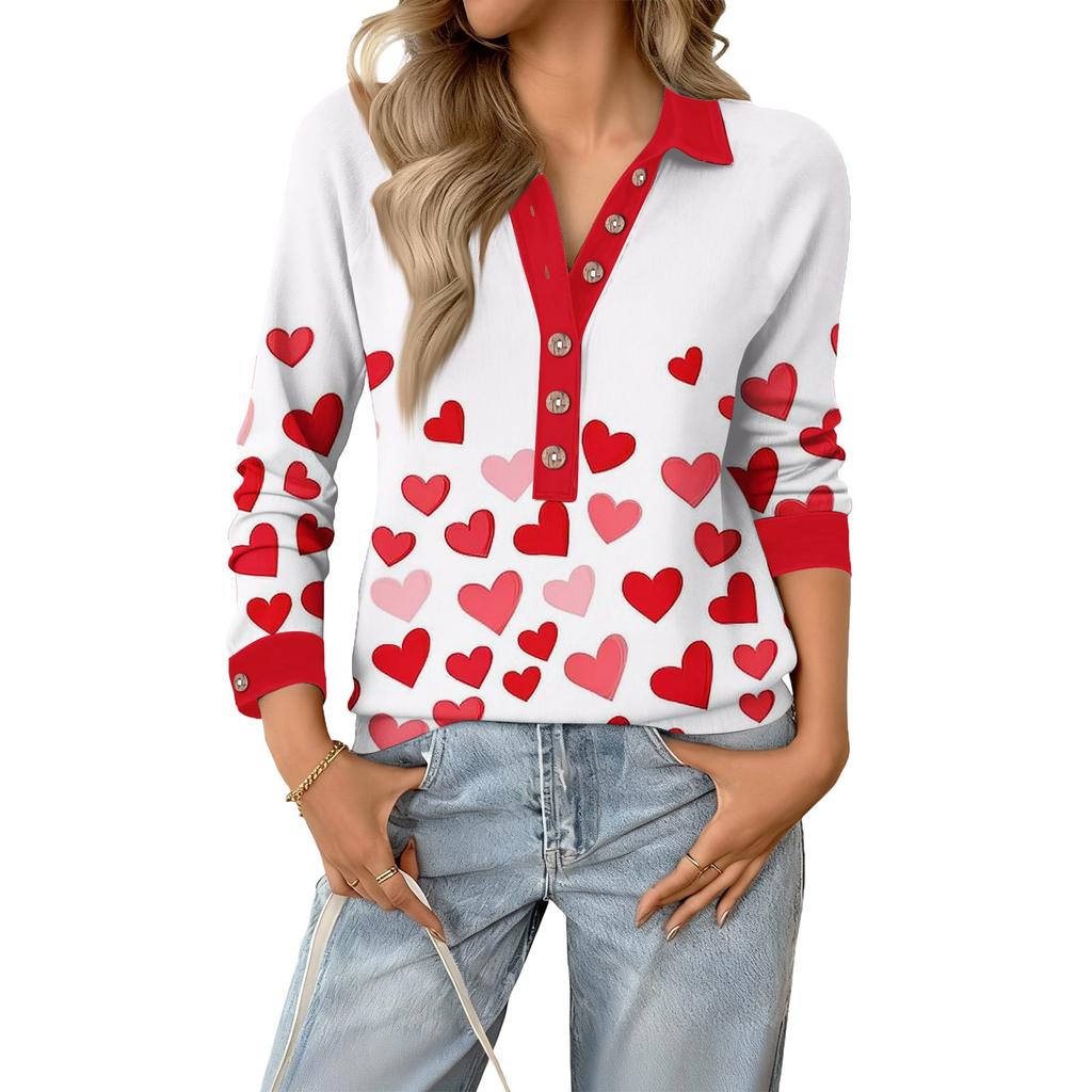 Damen Retro Street Lässiger V-Ausschnitt Langarm Knopf Valentinstag Herz Pullover Top