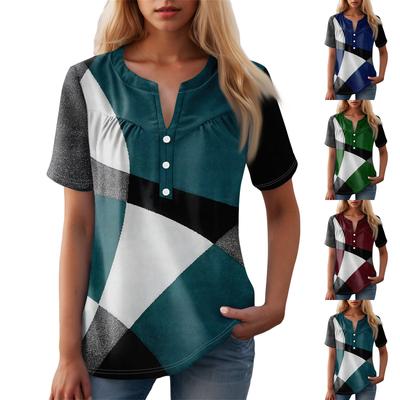 Women's Casual Floral Print V-Neck Short Sleeve Decorative Button T-Shirt Top
