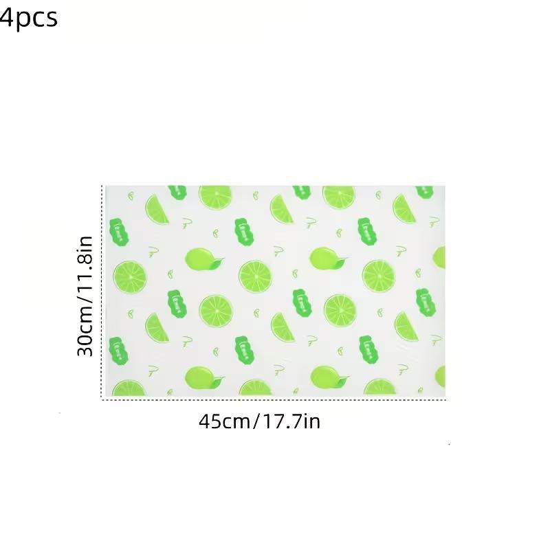 4pcs Waterproof Refrigerator Liner Set Moisture Proof Non Slip Washable Reusable EVA Mat Lemon Pattern Drawer Cabinet Shelf Liner for Kitchen Use