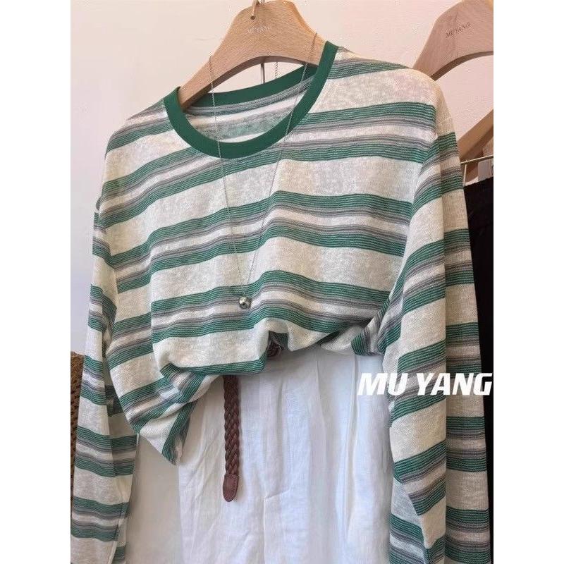

Контрастная полосатая футболка с длинным рукавом для женщин, корейская мода, тонкий неконтрастный повседневный топ L зелёный
