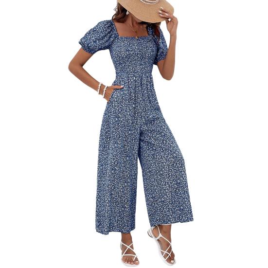 Women's Square Neck Jumpsuit Floral Puff Short Sleeve Wide Leg Pants Romper Summer Casual
