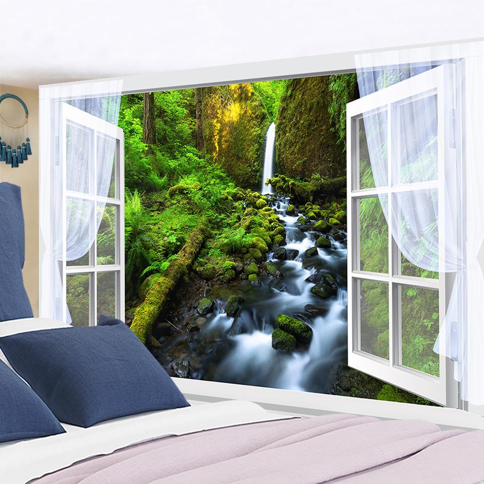 Лесной водопад психоделический богемный современный стиль украшения дома открытое окно пейзажная живопись гобелен настенный 100x75CM