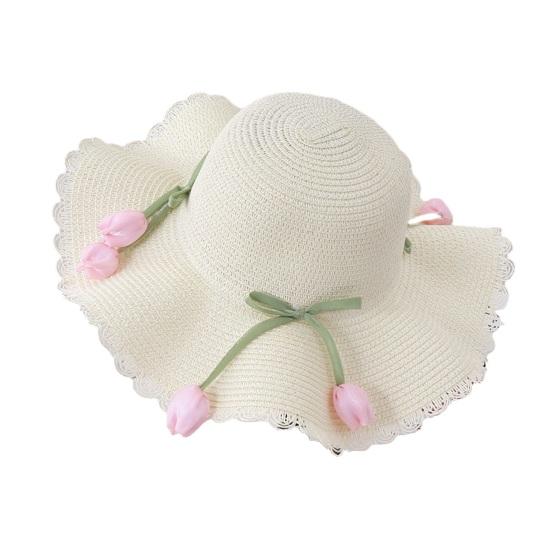 

Beach Hat Wave Lace Trim Design Tulip Bow Decor Full Face Sun Protection Large Brim UV Blocking Summer Straw Hat