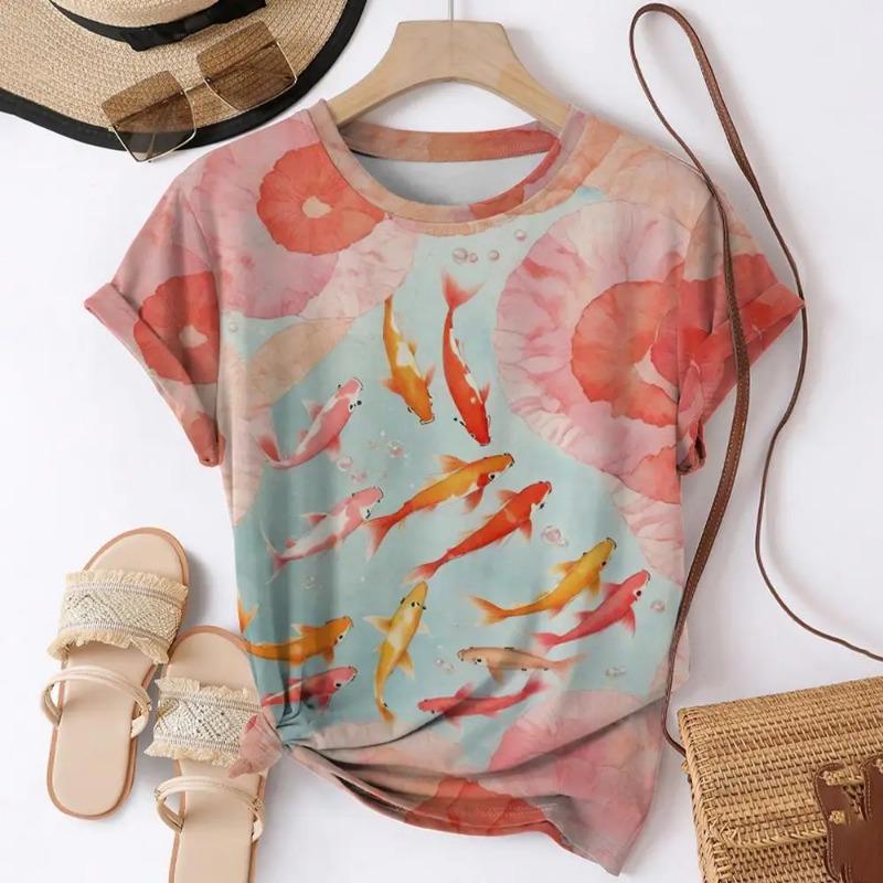 

Футболки с 3D-принтом «Рыба кои» для женщин, уличная одежда, повседневная мода, Harajuku Y2k, футболка с коротким рукавом, футболки с круглым вырезом, топы, одежда M