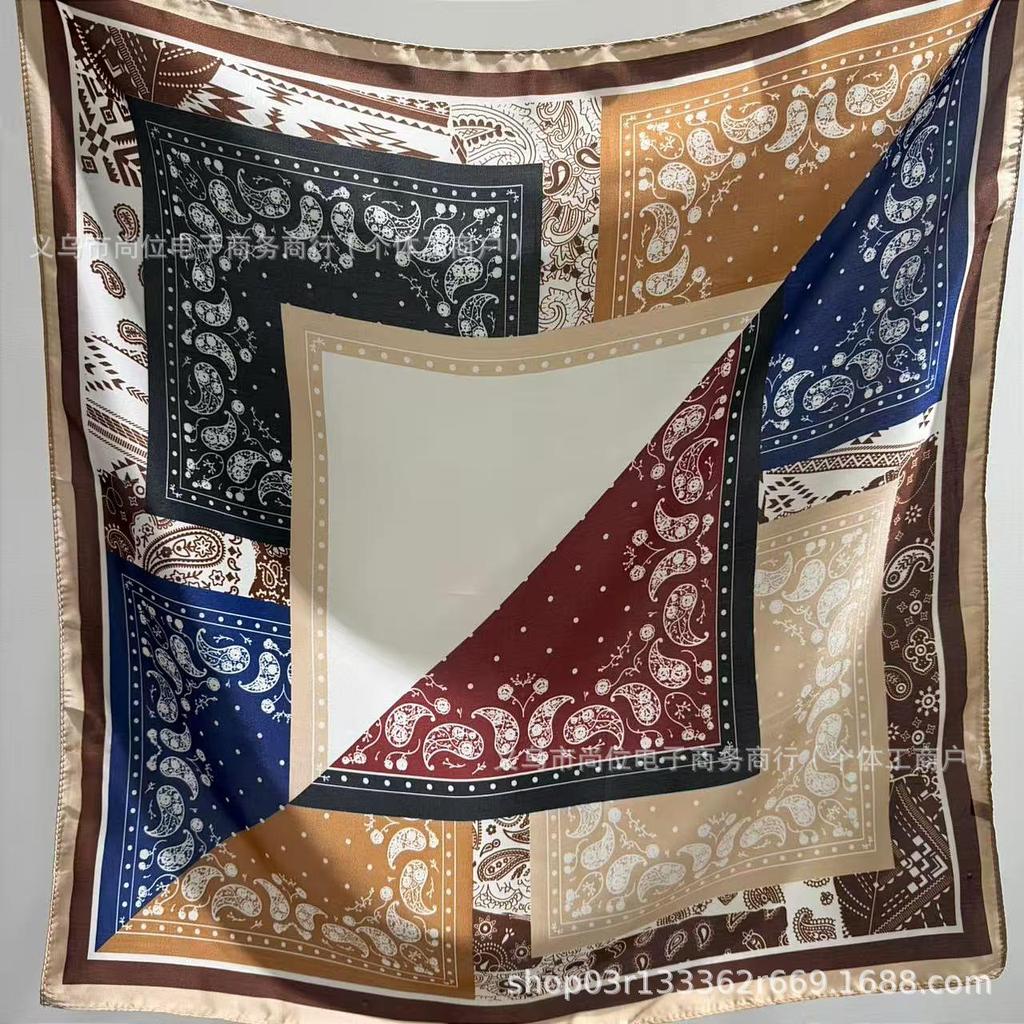 Korean Women's 70cm Silk Satin Square Scarf - Printed Spring/Summer Sun Protection Shawl