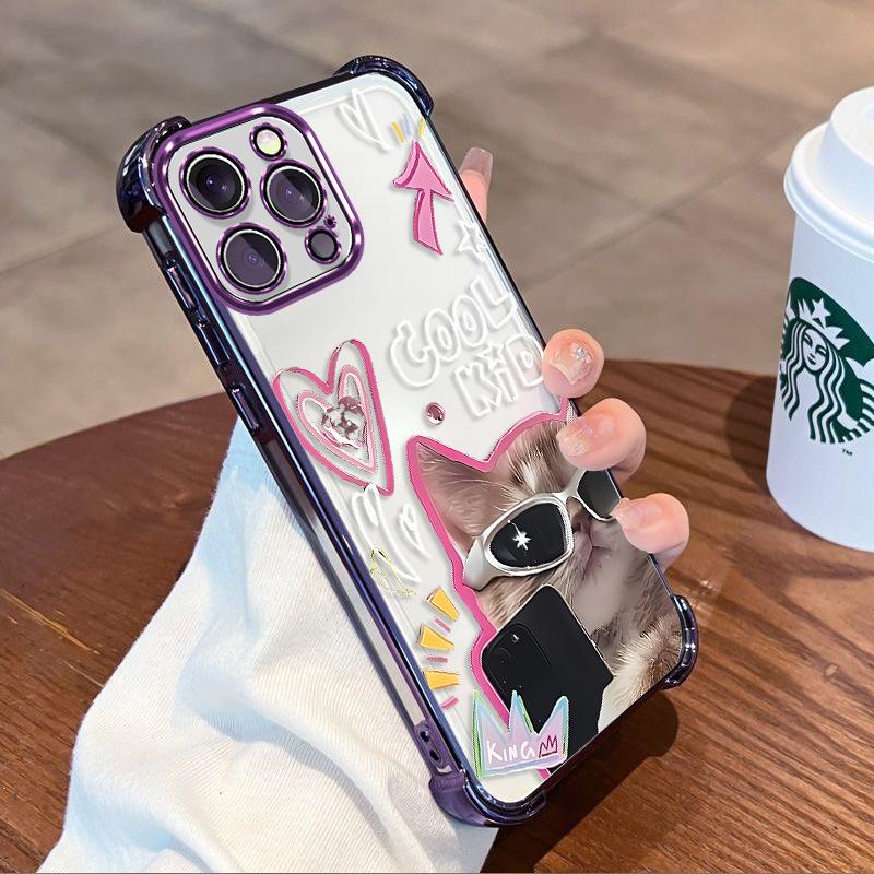 Selfie Sunglasses Cat Suitable for Iphone16 Four-corner Airbag 17promax Anti-drop Plating Apple 15 Mobile Phone Case