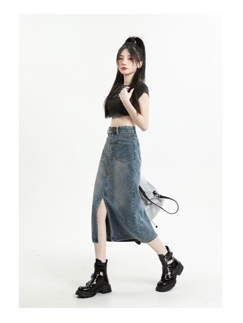 

Трендовая ретро джинсовая юбка миди с разрезом и высокой талией для женщин - Приталенный А-силуэт, облегающий фигуру XL: Height 155-165CM (61kg-66kg)