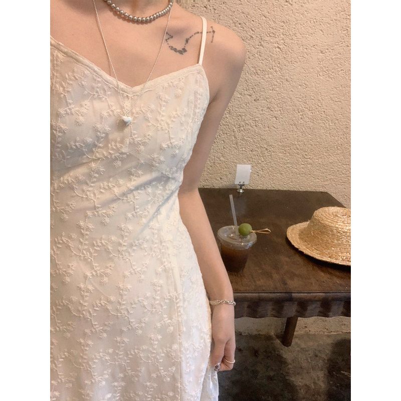 Женское французское кружевное платье-комбинация большого размера, облегающее длинное платье без рукавов с элегантным и утонченным ощущением Beige Lace Skirt M