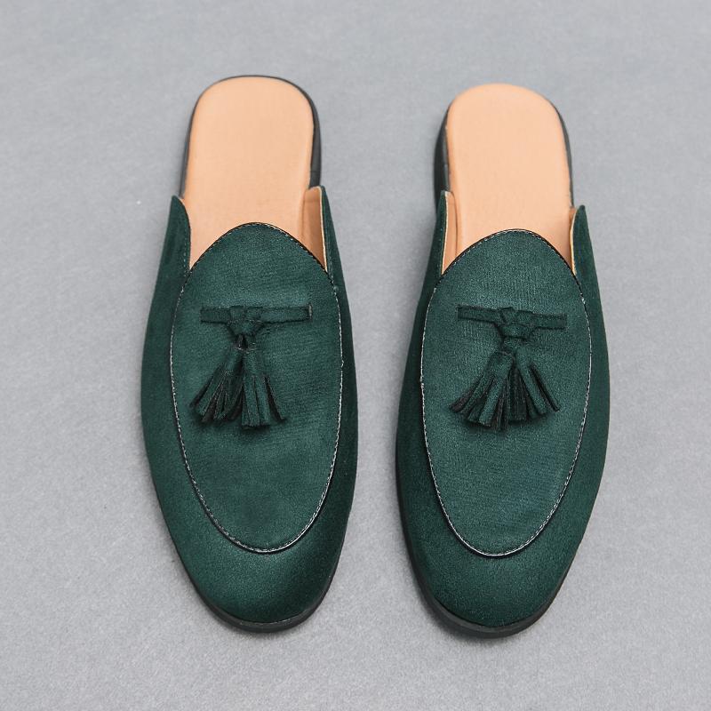 

Fashion Men s Green Black Beige Half Slippers LoafersCasual Suede Leather Moccasins Tassels No Follow-up Comfort Breathable Home Shoes 46