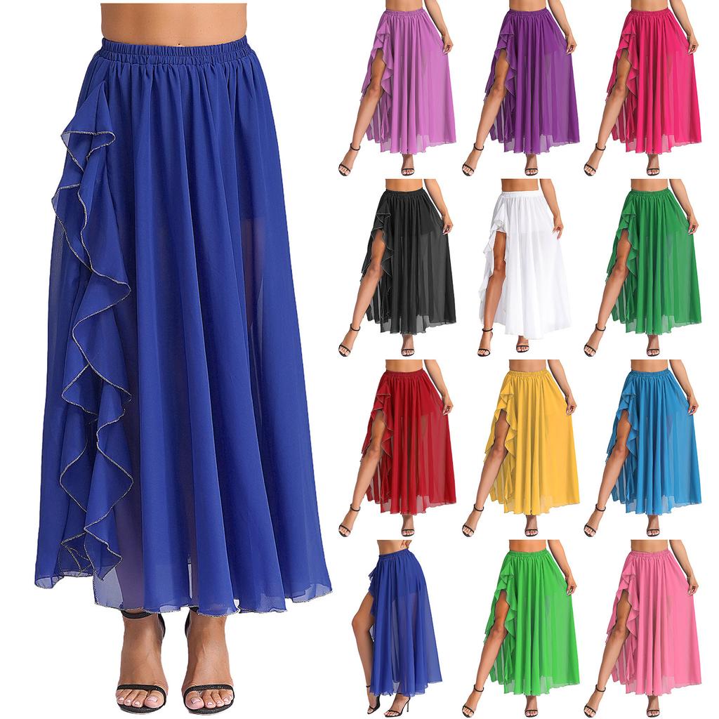 Gonna Chiffon Danza del Ventre da Donna Vita Elastica Volant a Cascata Spacco Laterale Costume da Ballo Svasato