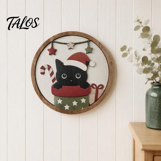 Cute Animal Wall Art Christmas Black Cat Decor, Layered Wooden Hanging Sign, Round 2D Creative Layout Flat Decoration for Living Room Bedroom And Hall