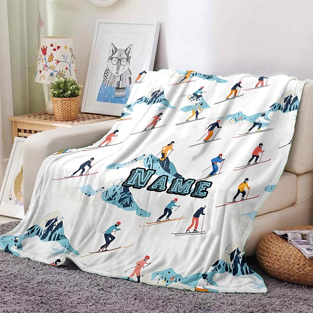 Skiing Adventure On Snowy Peaks With Skiers Multipurpose Personalized Text Comfortable Versatile For Sofa Couch Office Bed Picnics Ideal For All