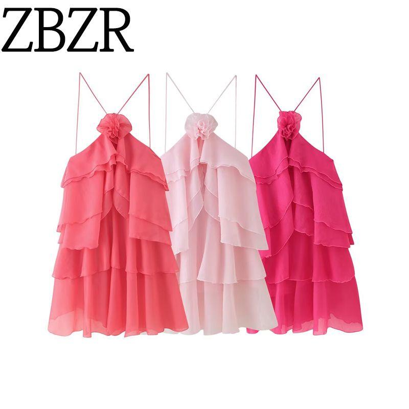 Za Spring New Women's Clothing Zr European and American Style Three-Color Three-Dimensional Flower Layered Decoration Ruffle Strap Dress