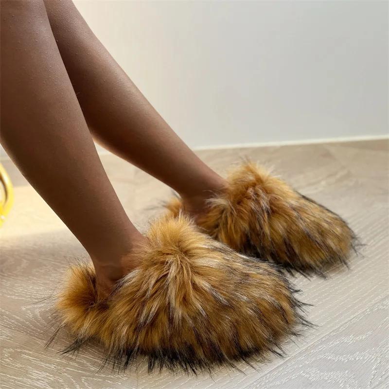 2025 Dam Vinter Tvättbjörnspäfflor Varma Plyschtofflor Flickor Lyxiga Pälsiga Fuskpäfflor Hem Bomullsskor Inomhus Päls-tofflor