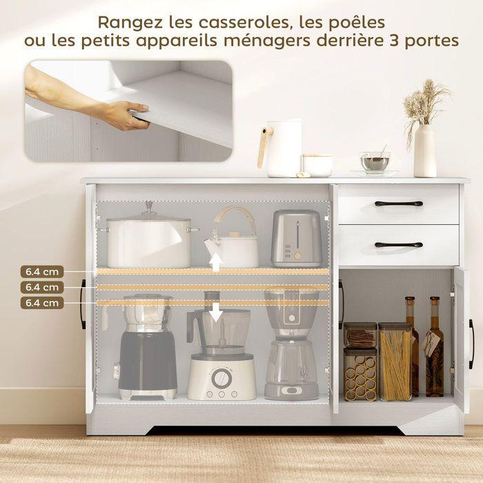 Aparador - HOMCOM - 3 puertas, 2 cajones y estante regulable - panel de partículas y MDF - 120 x 38 x 79 cm - blanco