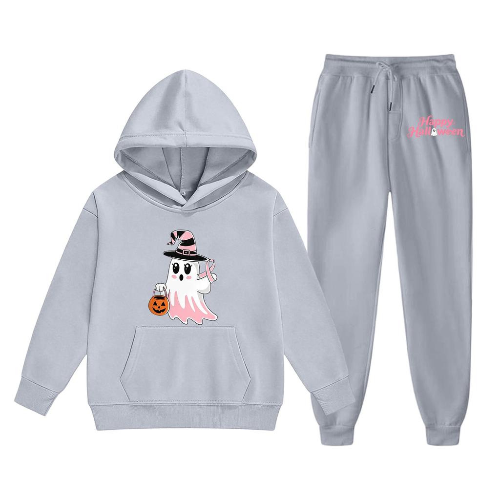 Kids Halloween Hoodie and Pants Set Ghost Print Hooded Sweatshirt and Matching Bottoms Comfortable Casual Outfit for Boys and Girls