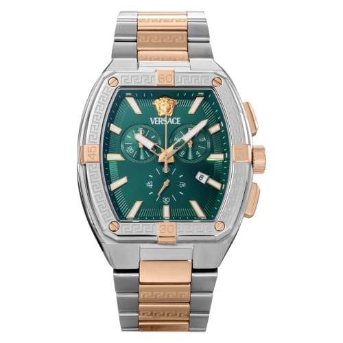 Versace Men's Sporty Tonneau Greca Watch (VESP00624) with Quartz Movement, Water Resistant, Sapphire Crystal, Silver/Pink Gold Dial, and Stainless Ste