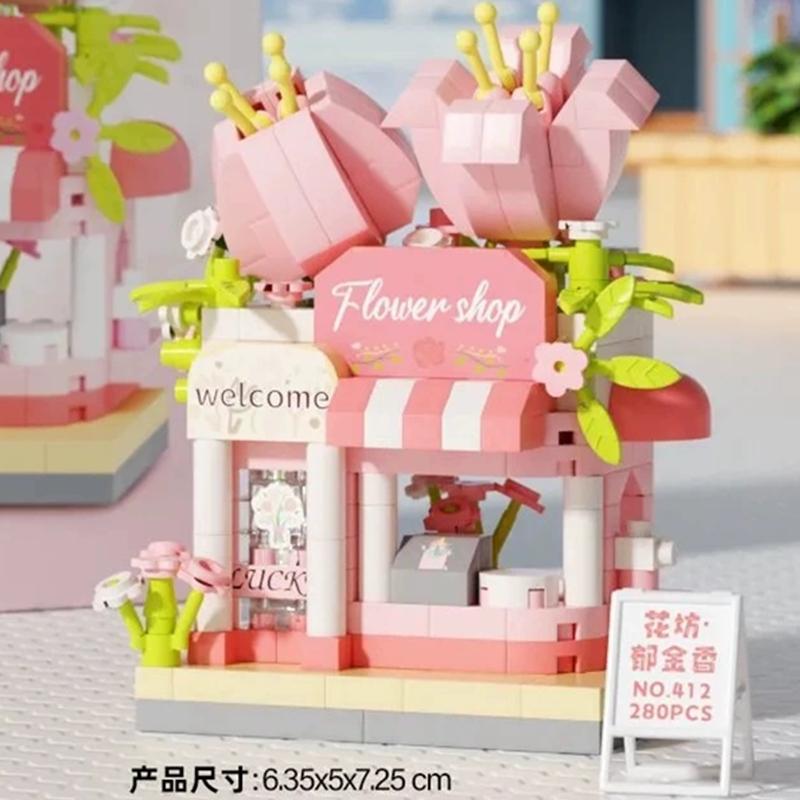 NEW DIY Selling Car Food Truck Fruit Ice Cream Store Flower Street View Building Blocks Kit Girls Bricks Model Kids Toy Children