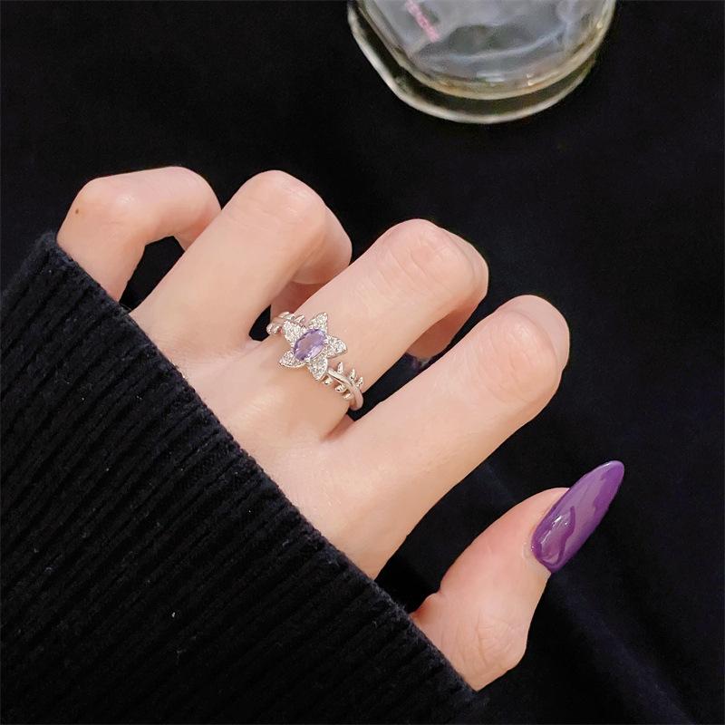 New Color Treasure Purple Transshipment Nine Purple Leaving Fire Year Light Luxury Opening Ring Tassel Full Diamond Niche Super Immortal Jewelry Women