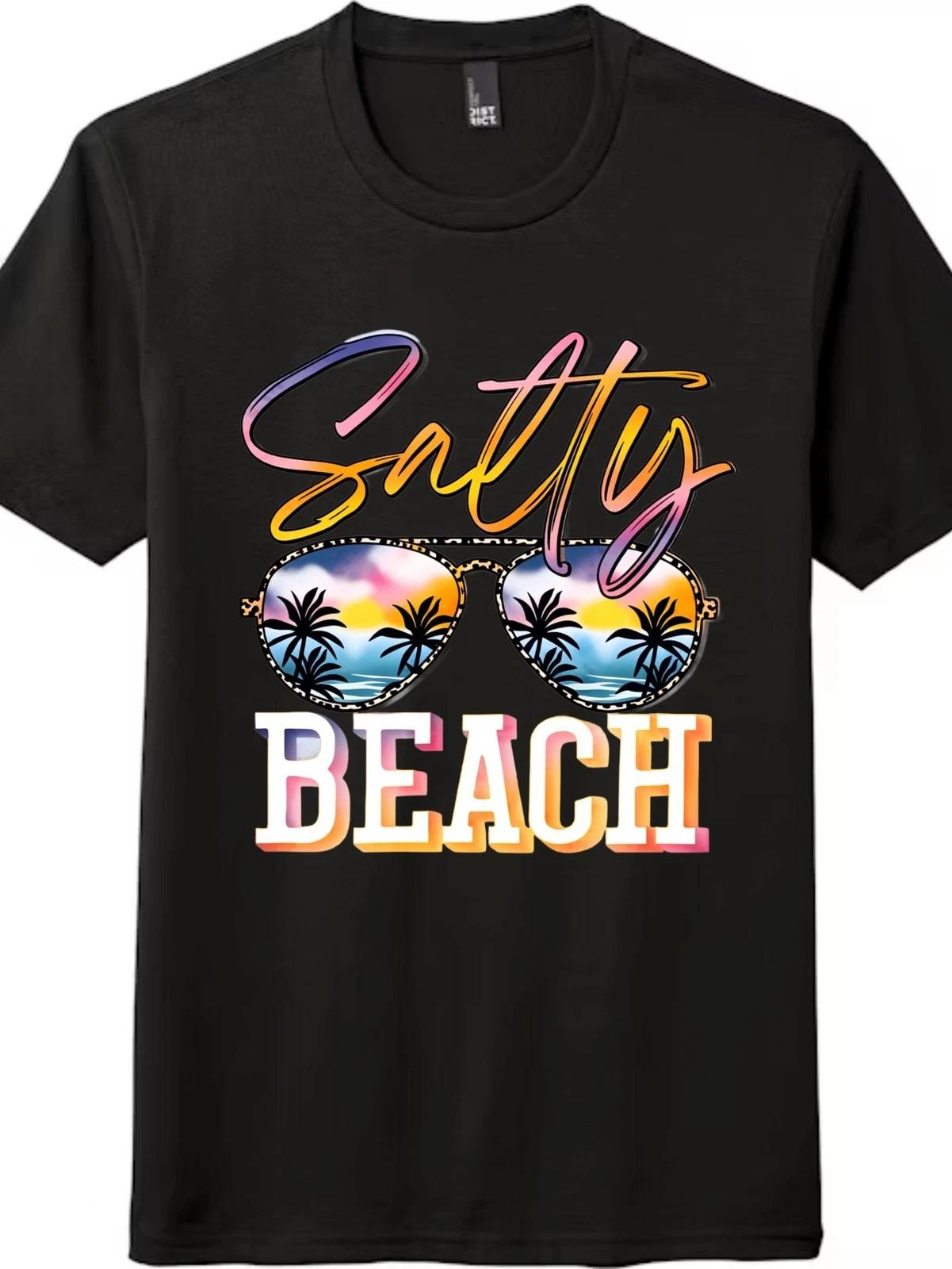 Unisex Vintage Summer Beach Graphic Tee-Bold Gradient Salty BEACH Casual T-Shirt L
