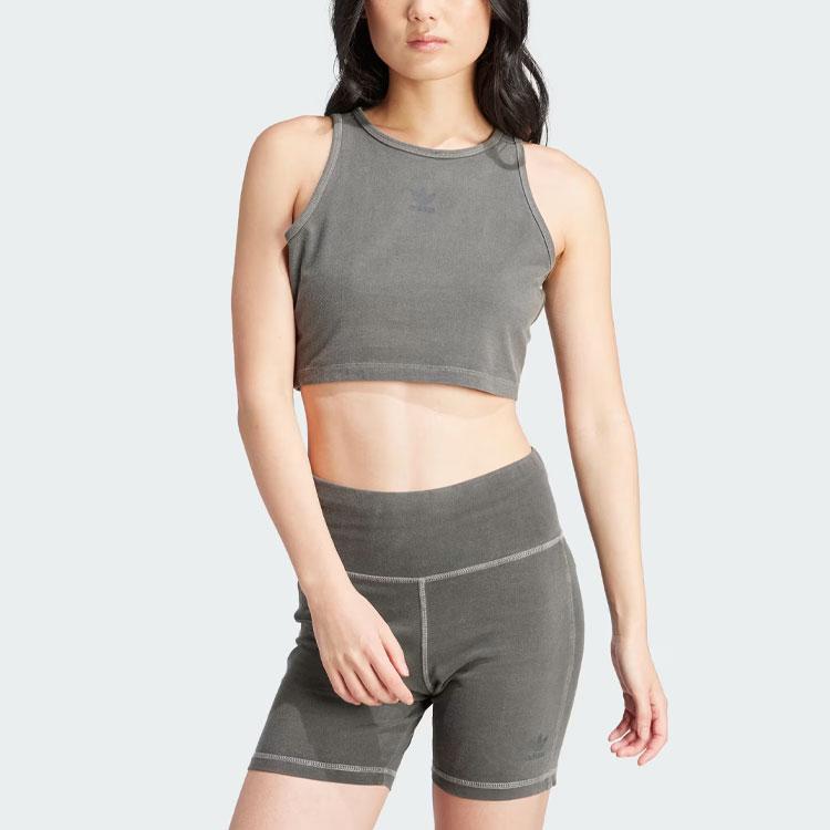 Adidas Originals Essential Solid Logo Round Neck Crop Tank Top Women Tops Black Gray IU2709