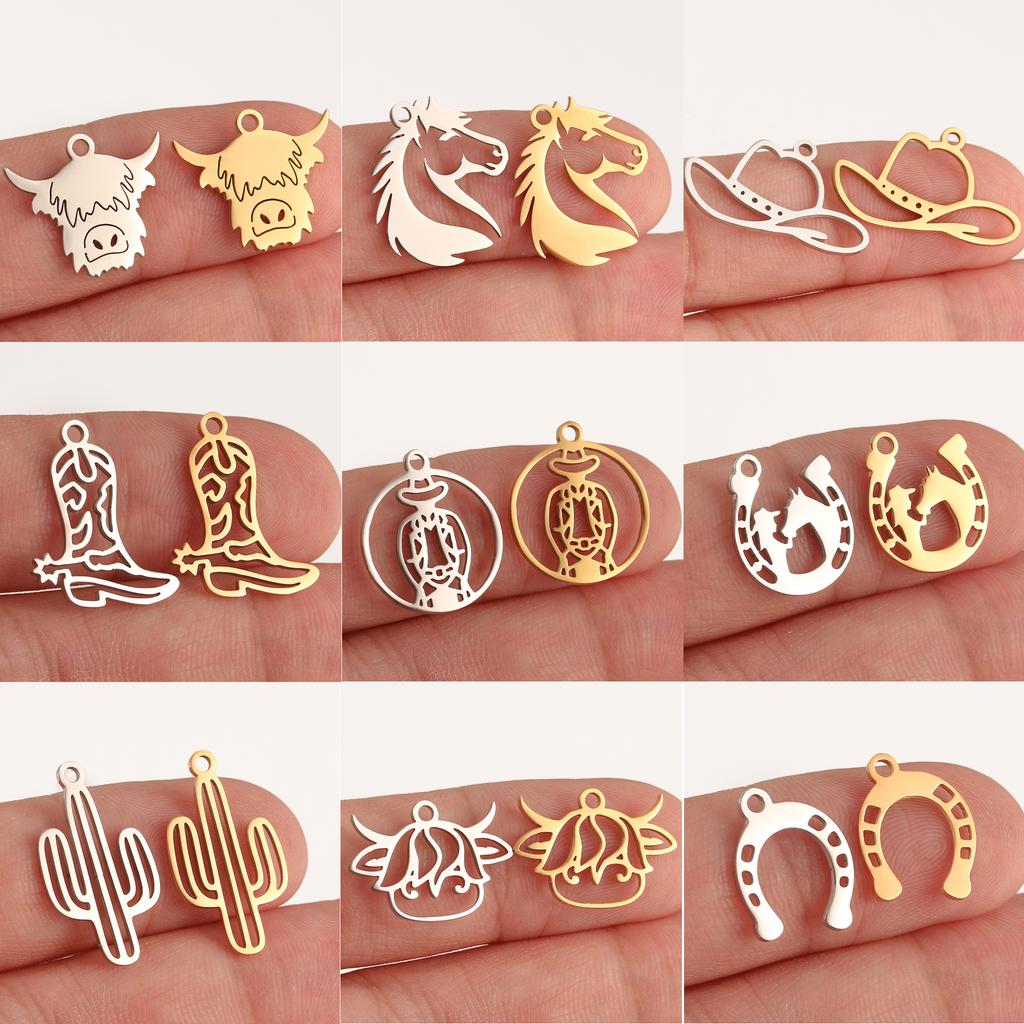 5Pcs Horse/Hat/Horseshoe/Cactus/Boot Charms Stainless Steel Western Cowboy Pendants DIY Bracelet Necklace Crafts Jewelry Making