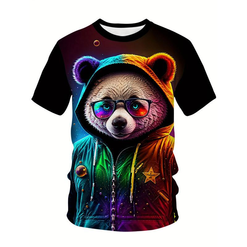 Summer Round Neck Cute Bear Graphic 3D Print Top Fashionable Casual Short Sleeved Men's T-shirts