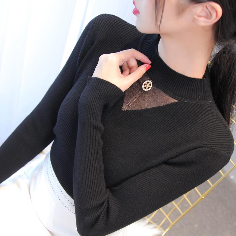 Autumn/winter Women's Knitted Bottoming Shirt Half Turtleneck Mesh Cutout Sweater Slim Knit Sweater Pullover Jumper Top