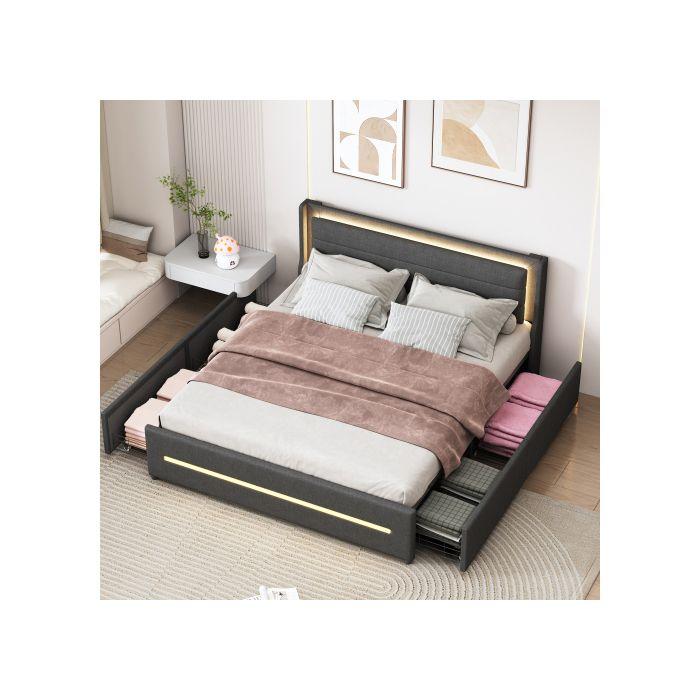 Lit Rembourré - MUVOE - 160x200 Cm - Éclairage LED - 4 Tiroirs De Rangement - Gris