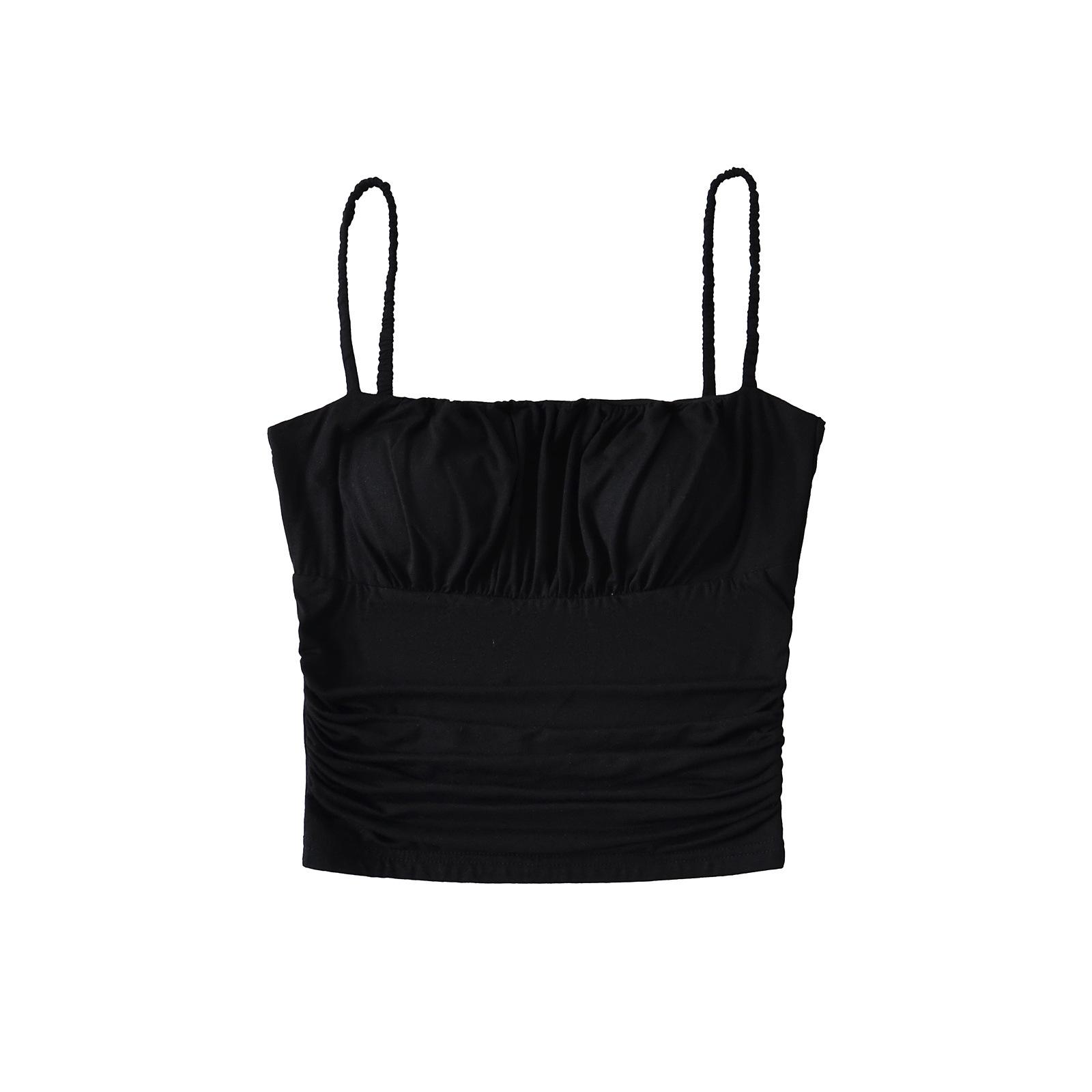 

Топ-майка с плоским вырезом Spicy Girl и нагрудными вкладышами – Укороченный топ на тонких бретелях, подчеркивающий фигуру, для весны/лета 2025. L чёрный