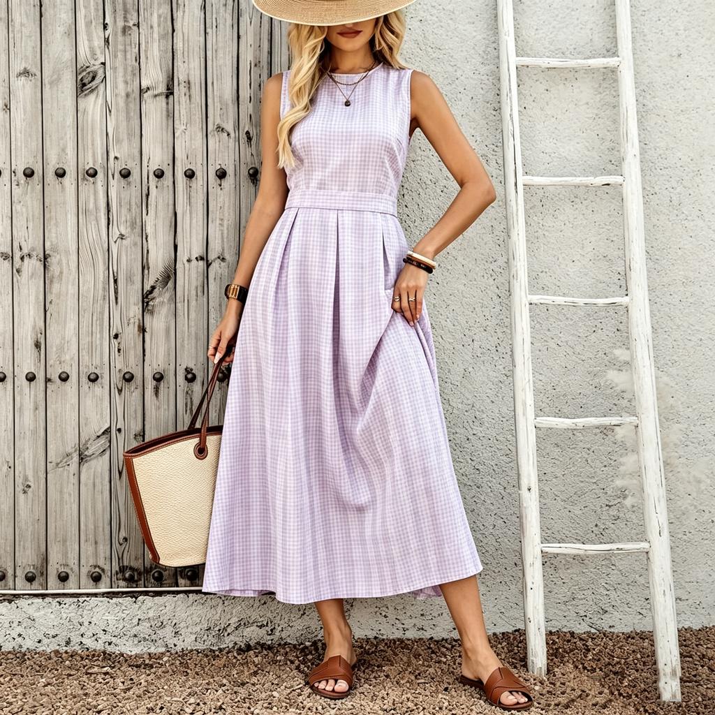 Women's Sleeveless Plaid Dress Round Neck Waist Cinched Midi Length Casual Summer Dress with Pockets and A-Line Silhouette