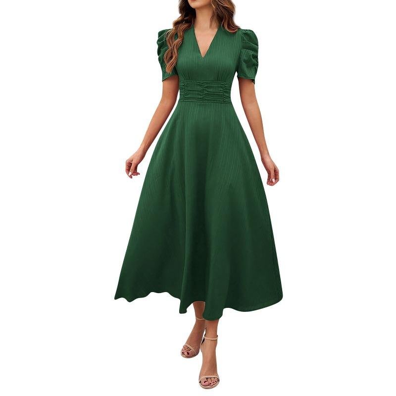 Spring and summer women's fashion temperament high waist solid color waist short-sleeved dress
