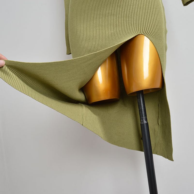 Export European and American Sexy Sexy Fashion Square Collar Long Sleeves Knitting Dress Silm Slimming Midi Dress Women's Clothing