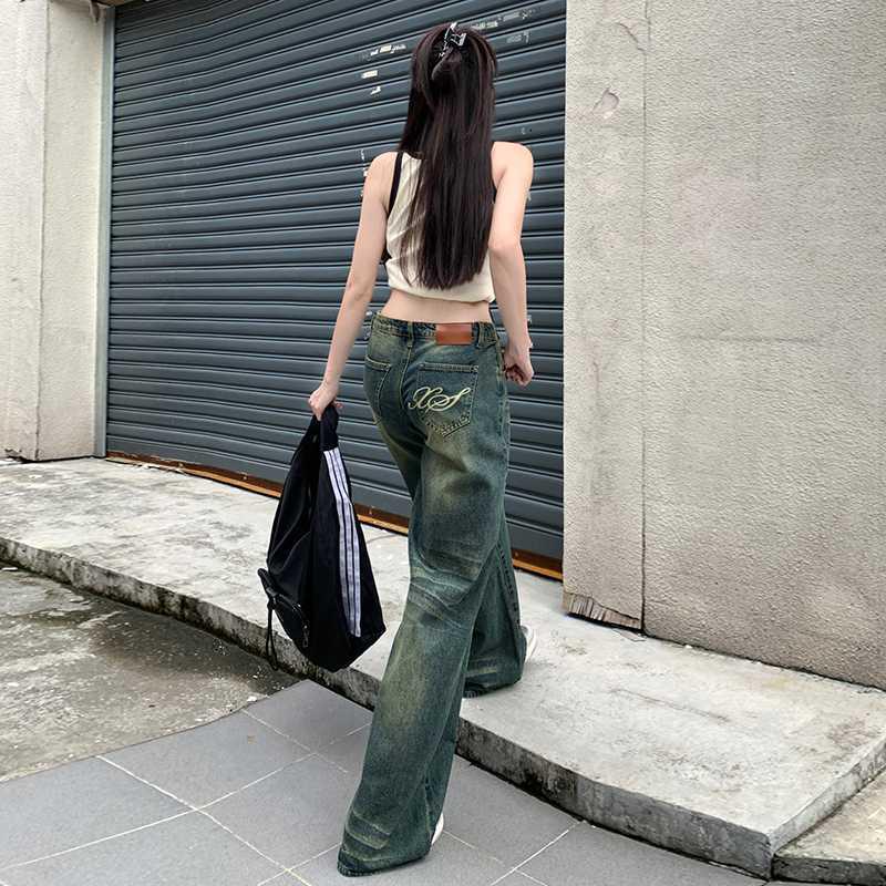 American Retro Low-Waist Wide-Leg Distressed Denim Pants - Floor-Length