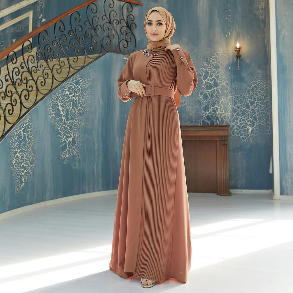 Plisowana sukienka z paskiem damska muzułmańska islamska długa Abaya