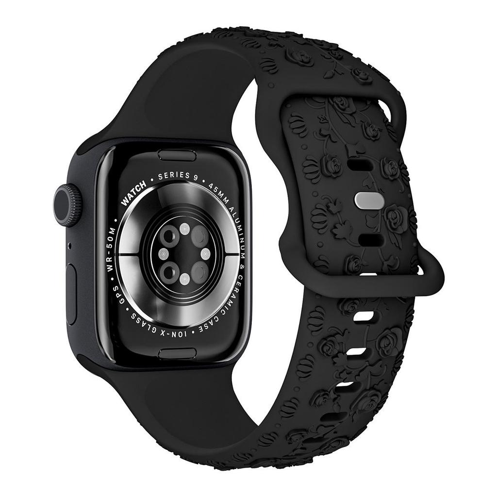 Embossed Rose Flower Silicone Strap for Apple Watch 9 Ultra