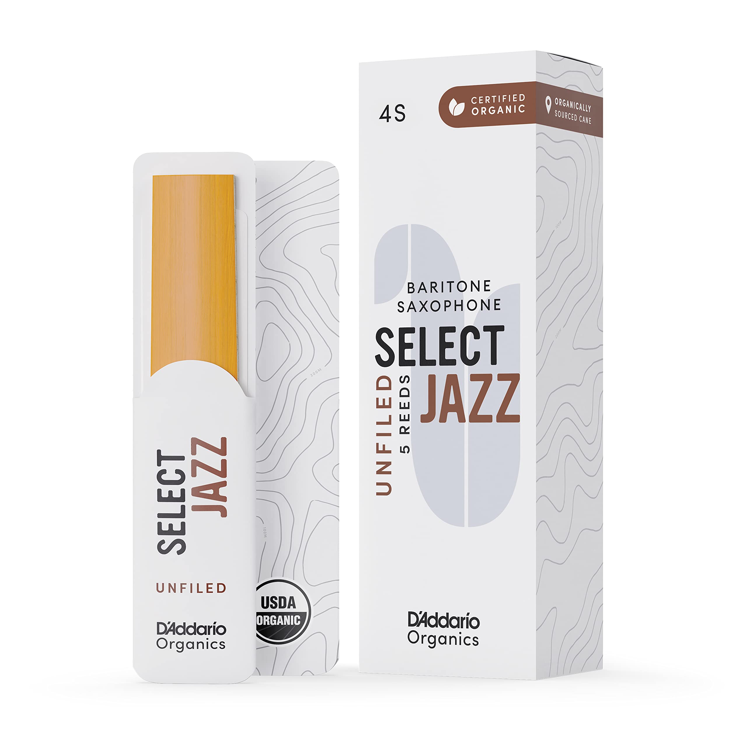 

D Addario WoodWinds Трость D Addario для баритон-саксофона, сертифицированная по органическому составу USDA, SELECT JAZZ UNFILED ORRS05BSX4S [Твердость: 4S] Упаковка из 5 шт.