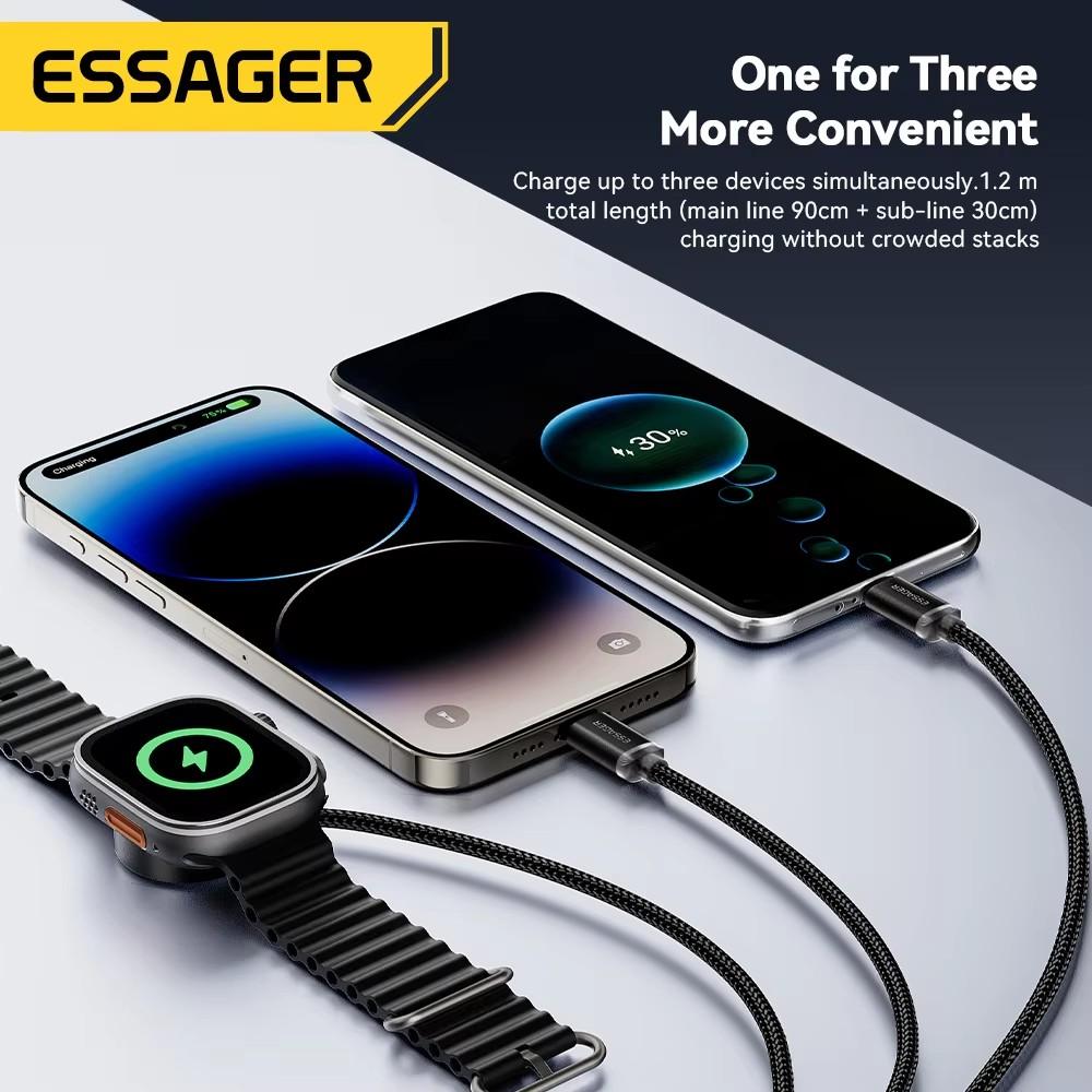 Essager 3 In 1 Multi USB A Charging Cable for Apple iWatch iPhone 16/15/14/13 Pro With USB Type C Lightning Fast Charging Cable